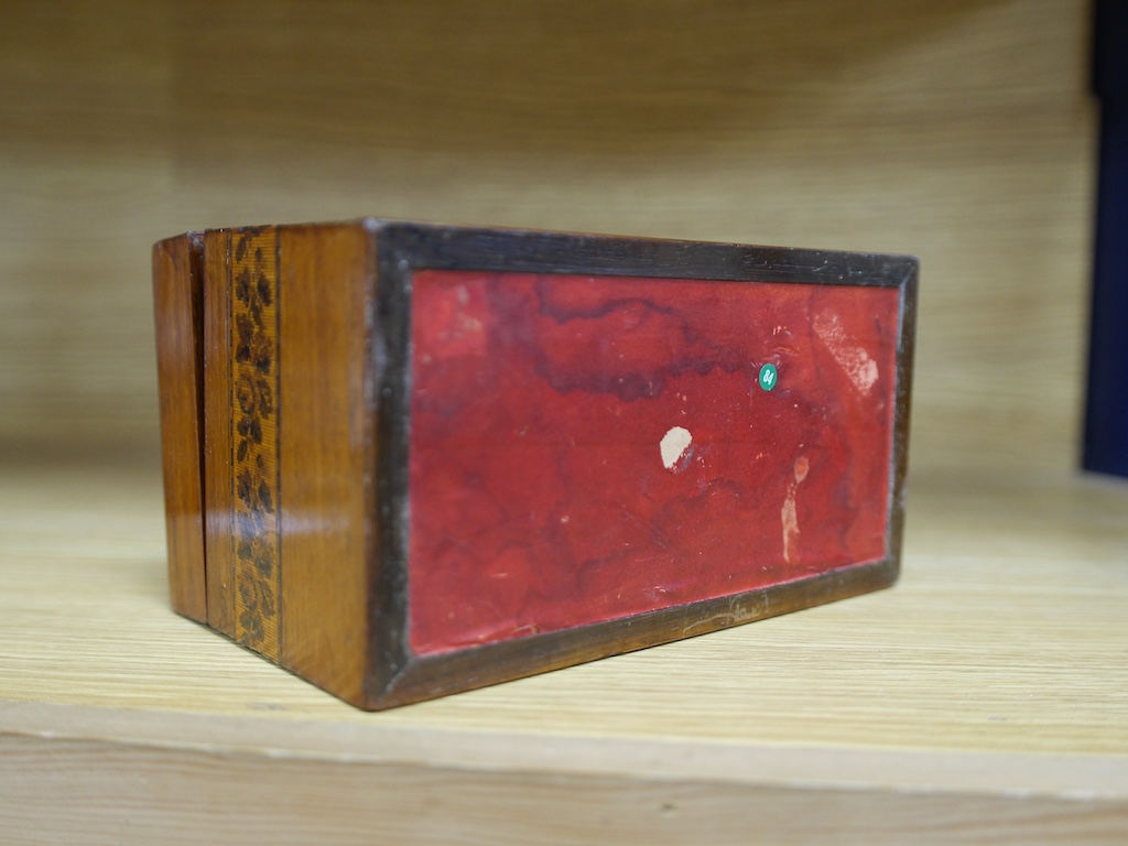 A Victorian Tunbridgeware rosewood tea caddy, 22cm wide. Condition - fair to good, some minor cracking